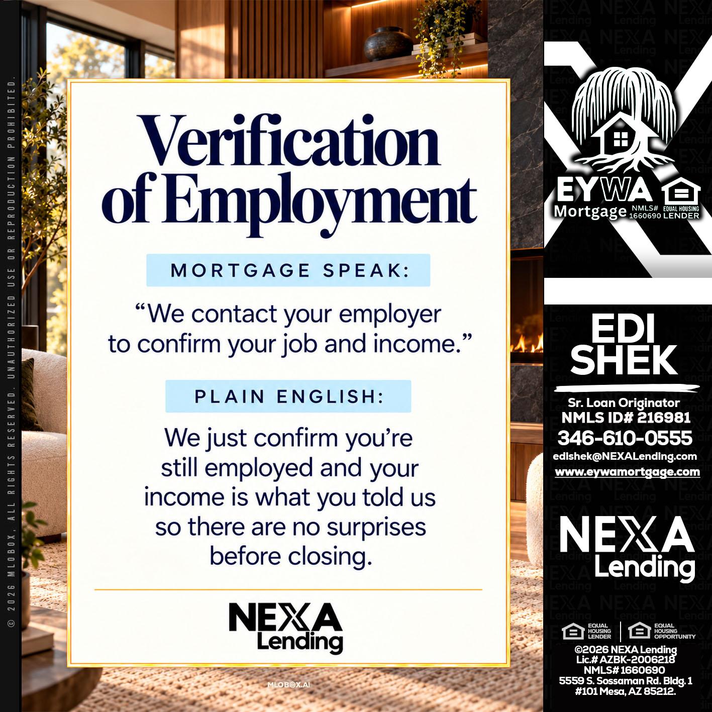 VERIFICATION OF EMPLOYMENT - Edi Shek -Loan Originator
